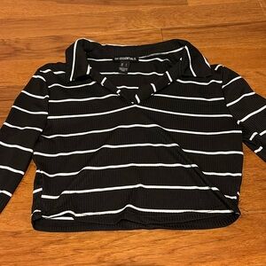 Black and White Stripe Collared Long Sleeve Crop